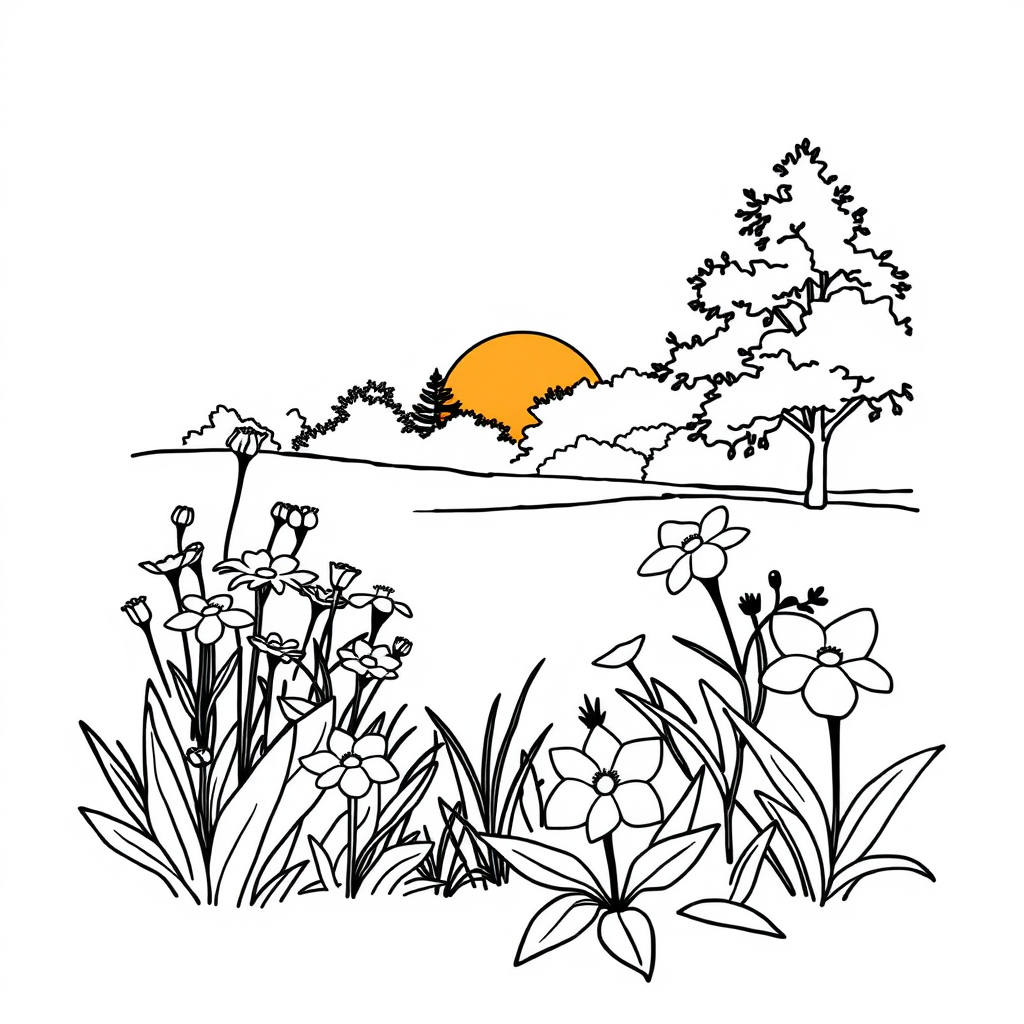 Bloeituin bij zonsondergang